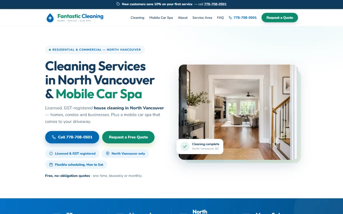 Website designed for Fantastic Cleaning & Car Spa, a house cleaning and mobile car detailing company in North Vancouver
