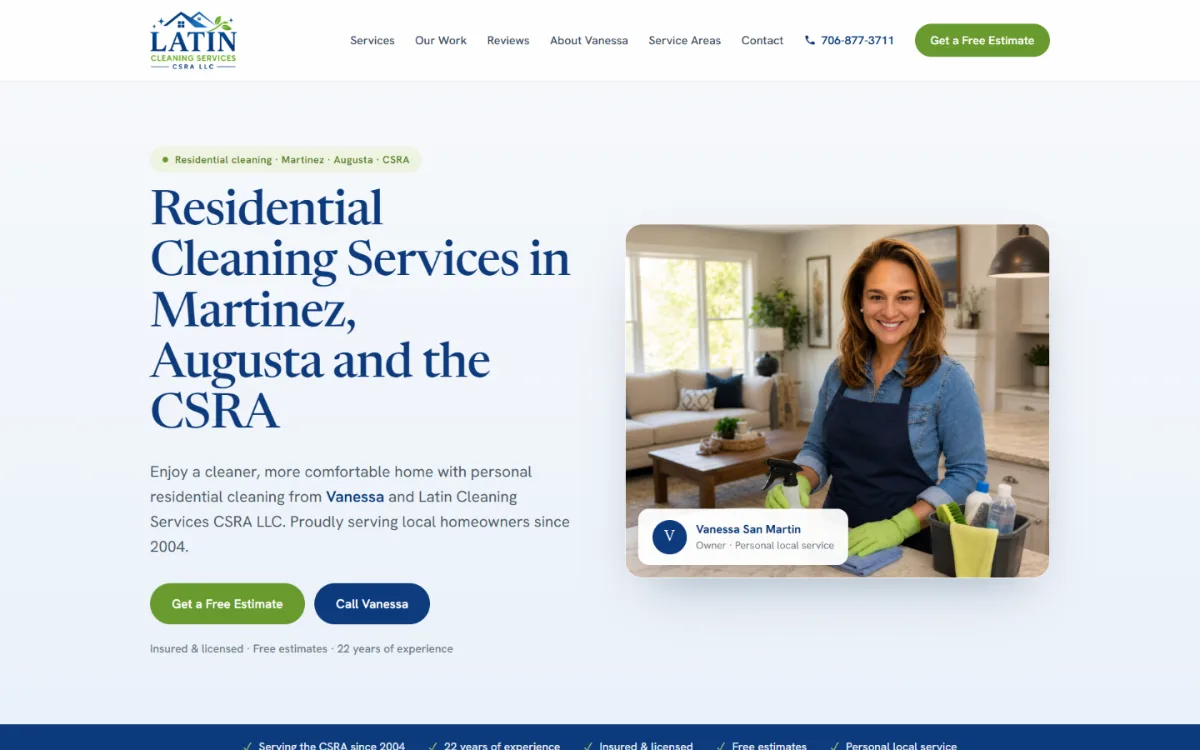 Website designed for Latin Cleaning Services, a residential cleaning company in Martinez and Augusta, Georgia