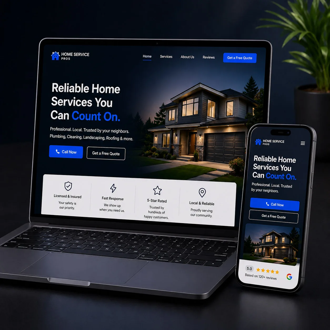 Local service business website design shown on a laptop and mobile phone, with click-to-call and free quote buttons