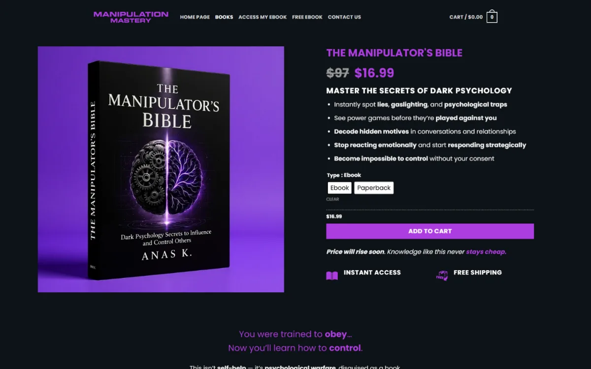 Product landing page designed for Manipulation Mastery, an online course and book brand