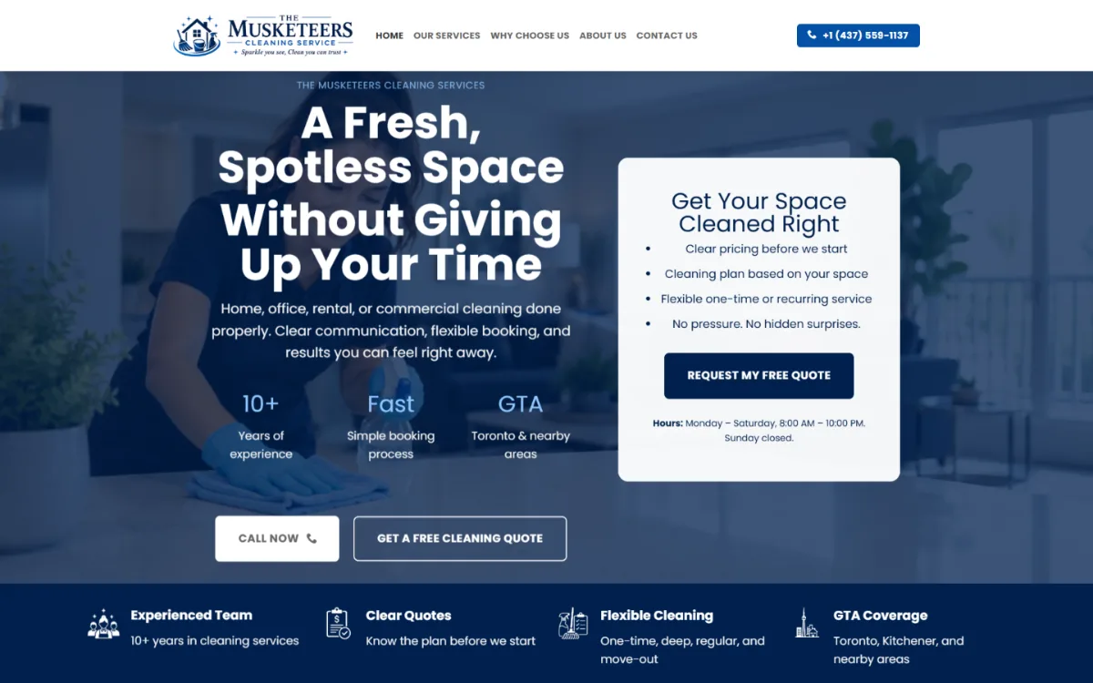 Website designed for The Musketeers Cleaning Services, a home and commercial cleaning company serving Toronto and the GTA