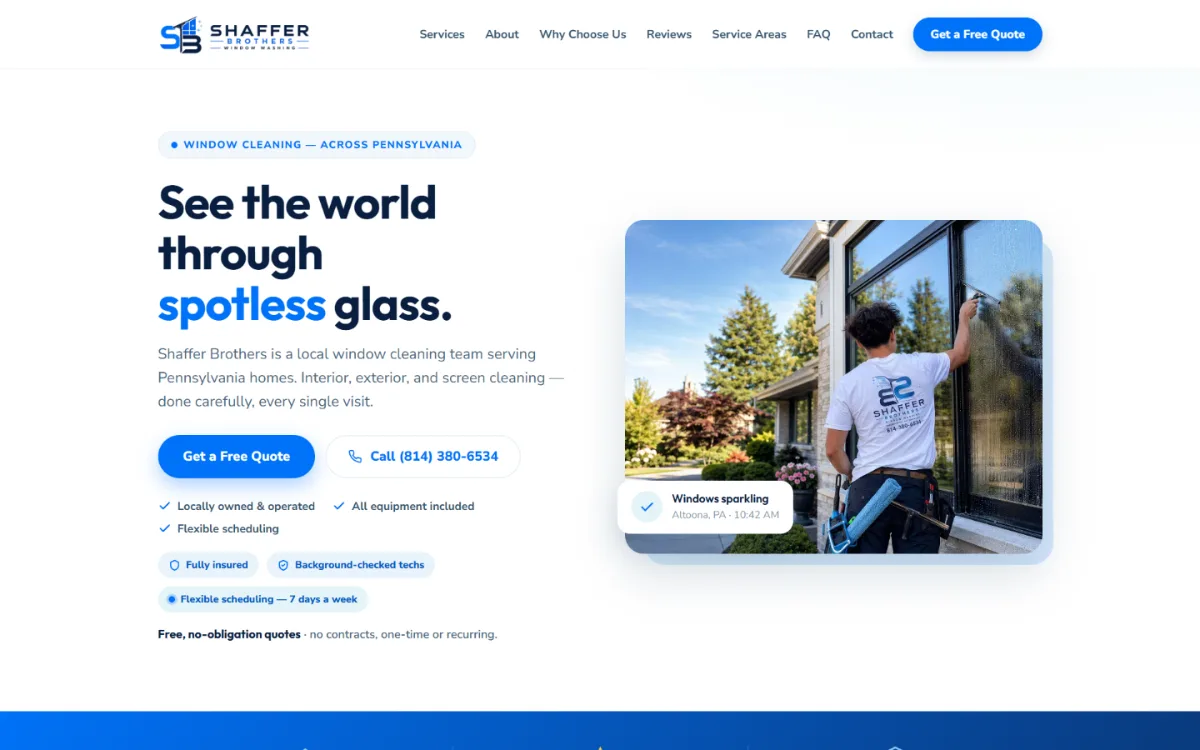 Website designed for Shaffer Brothers Window Washing, a family-owned window cleaning company in Pennsylvania